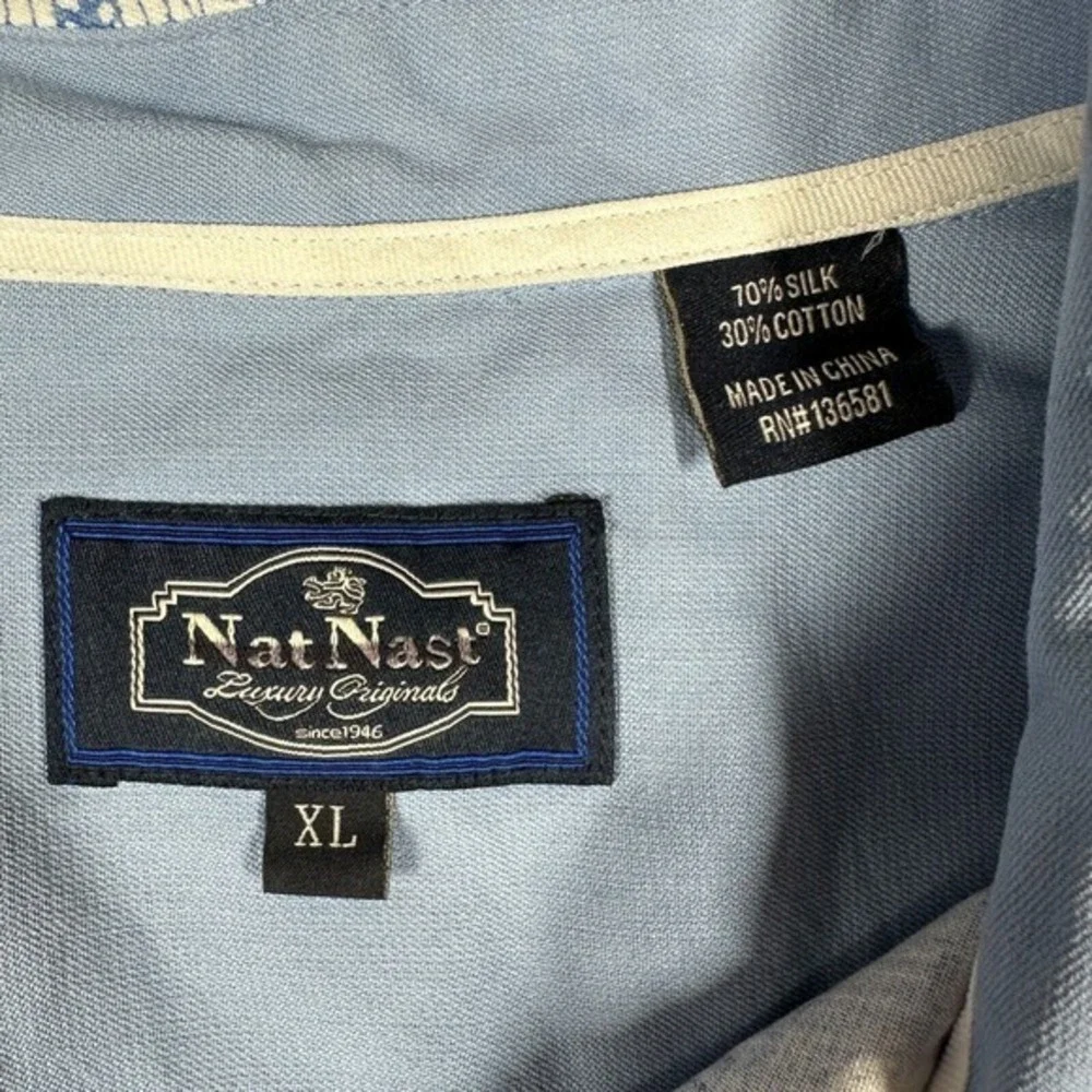 Nat Nast Silk‎ Blend Button Up Shirt Mens XL Extra Large Blue Short Sleeve